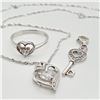 Image 3 : Silver Cubic Zirconia Heart Shaped Pendant Necklace,Ring And Key Charm Set (~length 16inches), Sugge