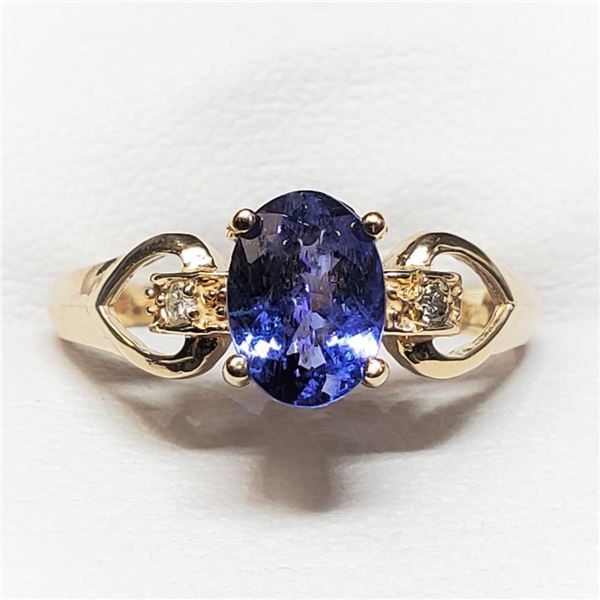 10K Yellow Gold Tanzanite(1.15ct) 2 Diamond(0.03ct) Claw Set, 1 Oval Mix Cut Tanzanite, 2 Diamond(Si
