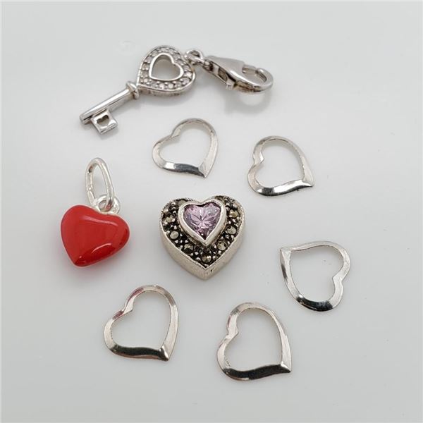 Silver Amethyst Marcasite Cubic Zirconia Heart Shaped Set Of 8 Charms, Suggested Retail Value $200 (