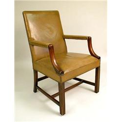A GEORGE III STYLE LEATHER-UPHOLSTERED MAHOGANY LIBRARY ARMCHAIR