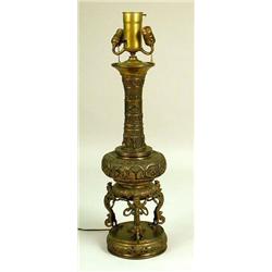 A BRONZE PATINATED METAL TABLE LAMP