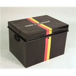 A BLACK-YELLOW-AND-RED-PAINTED METAL DOCUMENT TRUNK INSCRIBED "DUKE OF WINDSOR"