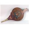 Image 1 : A VICTORIAN LEATHER, BRASS AND OAK BELLOWS DECORATED WITH AN HERALDIC CREST