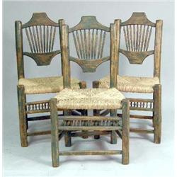 A SET OF THREE GREEN-PAINTED RUSH SEAT SIDE CHARIS