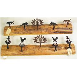TWO WROUGHT-IRON AND PINE COAT RACKS