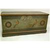 Image 1 : A RED AND GREEN PAINTED PEACOCK AND HEART DECORATED PINE BLANKET CHEST
