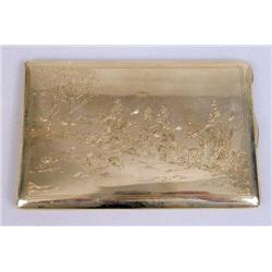 A TIFFANY & CO STAMPED 14K YELLOW GOLD RECTANGULAR ENGRAVED HUNT SCENE CIGARETTE CASE