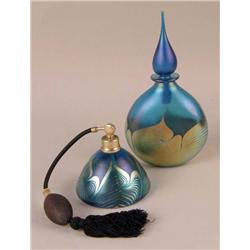 A GROUP OF TWO AQUA AND IRIDESCENT GLASS PERFUME BOTTLES
