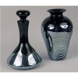 TWO ONYX IRIDESCENT ART GLASS TABLE ARTICLES