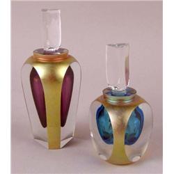TWO GILT DECORATED COLORED AND COLORLESS GLASS PERFUME BOTTLES