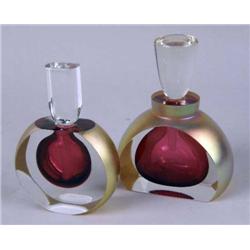 TWO GILT DECORATED RUBY GLASS PERFUME BOTTLES