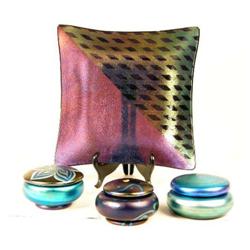 A GROUP OF THREE IRIDESCENT COVERED BOXES