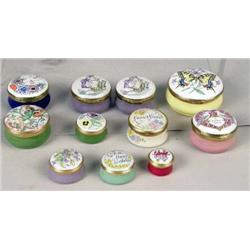 A GROUP OF HAND PAINTED METAL MOUNTED HINGED PORCELAIN CIRCULAR BOXES