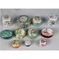 A GROUP OF HAND PAINTED ENAMEL METAL MOUNTED HINGED BOXES