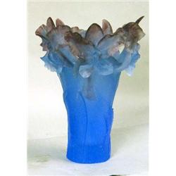 A FROSTED BLUE AND AMETHYST COLORED GLASS VASE
