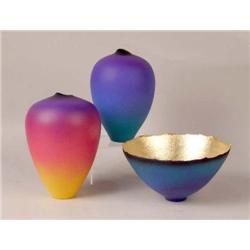 A GROUP OF THREE MATTE JEWEL TONE ART POTTERY TABLE ARTICLES