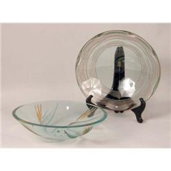 TWO TINTED ETCHED COLORLESS ART GLASS BOWLS