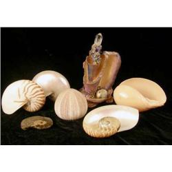 AN ASSORTED GROUP OF SEVEN SHELL-DECORATED TABLE ARTICLES