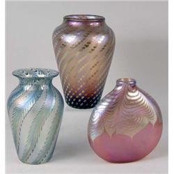 A GROUP OF THREE IRIDESCENT ART GLASS VASES