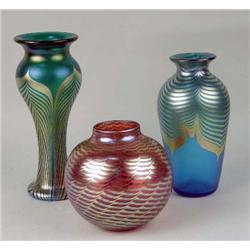 TWO BLUE IRIDESCENT ART GLASS VASES