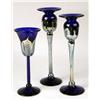 Image 1 : TWO IRIDESCENT COBALT GLASS CANDLESTICKS