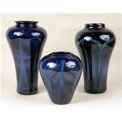 THREE COBALT BLUE ART GLASS VASES
