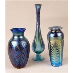 THREE IRIDESCENT BLUE ART GLASS URN-FORM VASES
