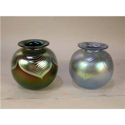 A GROUP OF THREE ART GLASS FAVRILLE-STYLE CIRCULAR VASES