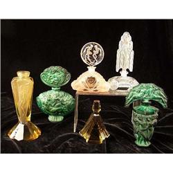 A GROUP OF FIVE ART NOUVEAU STYLE GLASS PERFUME BOTTLES