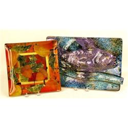 TWO POLYCHROME DECORATED GLASS PLATES