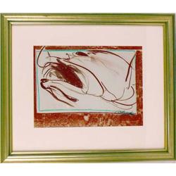 A FRAMED POLYCHROME ABSTRACT CRAYON ON PAPER