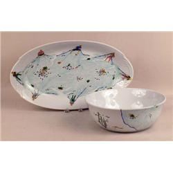 A POLYCHROME DECORATED BOWL AND PLATTER