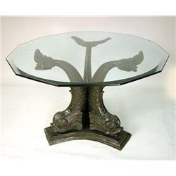 A REGENCY STYLE PATINATED BRONZE DOLPHIN BASE CENTER TABLE