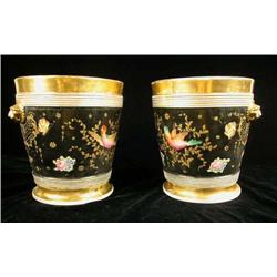 A PAIR OF COBALT AND PARCEL-GILT DOUBLE HANDLED PORCELAIN CACHE POTS