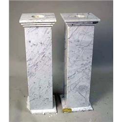 TWO SIMILAR WHITE AND GREY VEINED MARBLE PEDESTALS