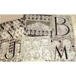 AN UNFRAMED GROUP OF BLACK AND WHITE DRAWINGS