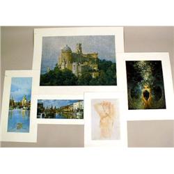 A MISCELLANEOUS GROUP OF FIVE UNFRAMED POLYCHROME PRINTS
