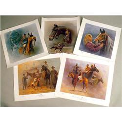 A GROUP OF FIVE UNFRAMED POLYCHROME PRINTS