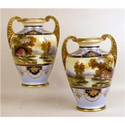 A PAIR OF POLYCHROME-DECORATED PARCEL-GILT PORCELAIN URNS
