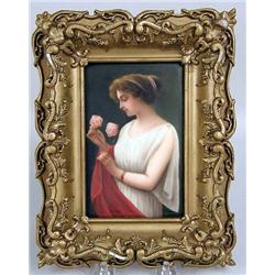 A FRAMED HAND-PAINTED PORCELAIN PLAQUE