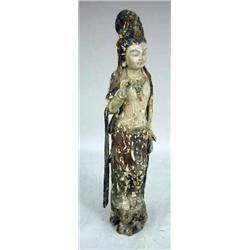 A CARVED AND PAINT-DECORATED WOOD FIGURE OF A FEMALE DEITY