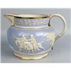 Image 1 : A LAVENDAR AND CREAM DECORATED PARCEL GILT HUNTING SCENE EMBOSSED CERAMIC PITCHER