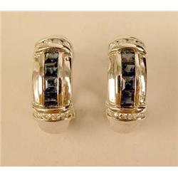 A PAIR OF 14K WHITE GOLD DIAMOND AND SAPPHIRE HOOP EARRINGS
