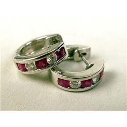 A PAIR OF 14K WHITE GOLD DIAMOND AND RUBY HOOP EARRINGS