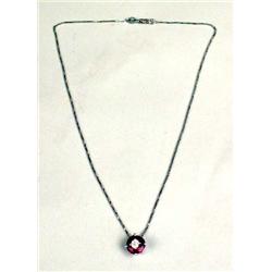 AN 18K WHITE GOLD FINE BOX LINK NECKLACE WITH CIRCULAR RUBY AND DIAMOND PENDANT