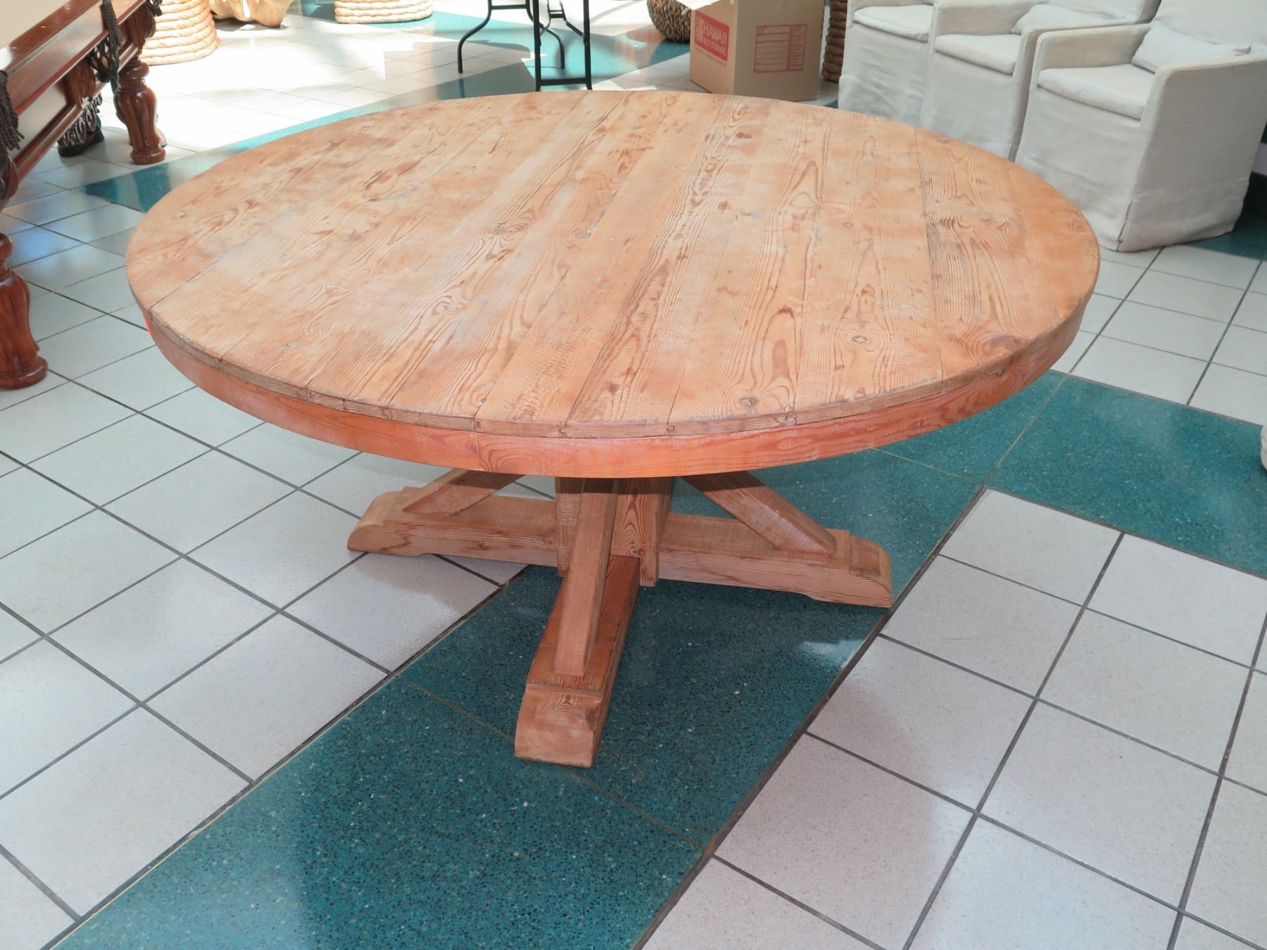 Large Round Solid Wood Table w/ Geometric Base, Natural Finish, 61