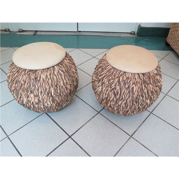 Pair of Stools with Coconut Shell Fringe, Leather-Like Top, 20" Tall (some discoloration)