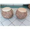 Image 1 : Pair of Stools with Coconut Shell Fringe, Leather-Like Top, 20" Tall (some discoloration)
