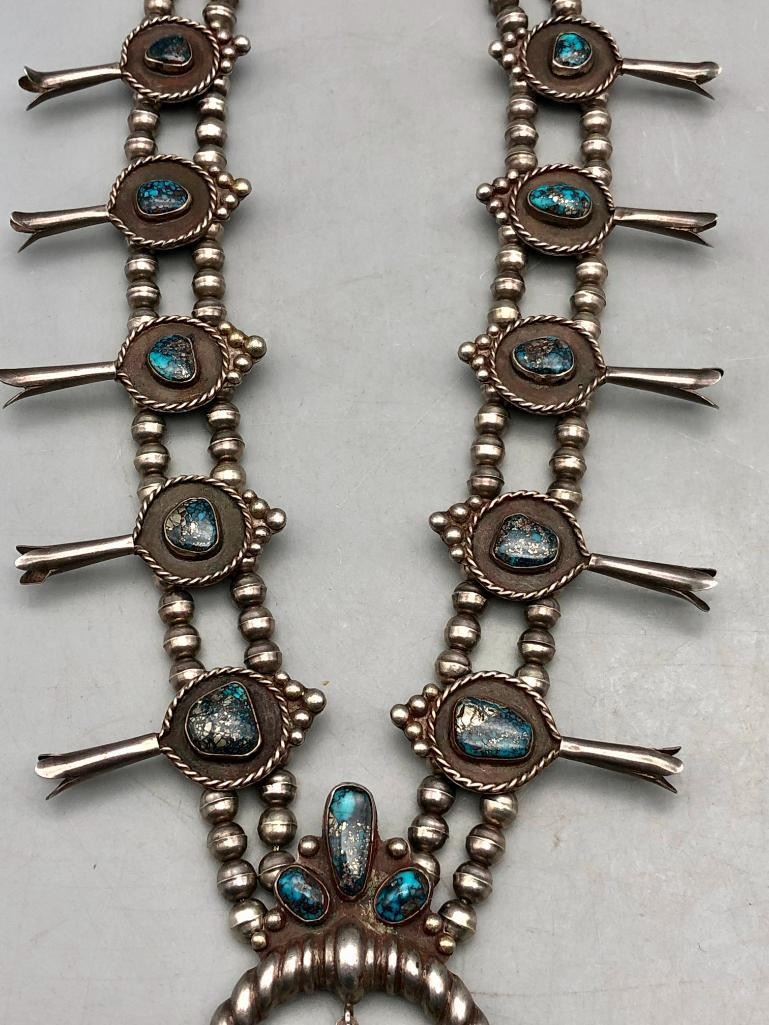 Spectacular Vintage Squash Blossom Necklace with Morenci Turquoise