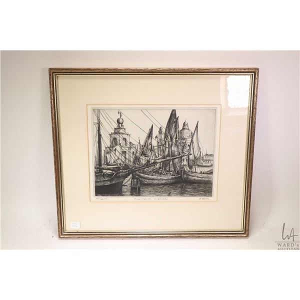 Framed vintage Italian etching labelled on verso Bragozzi; Venetian Sailing boat